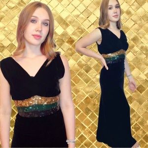 1930s Silk Velvet Art Deco Sequined Evening Gown